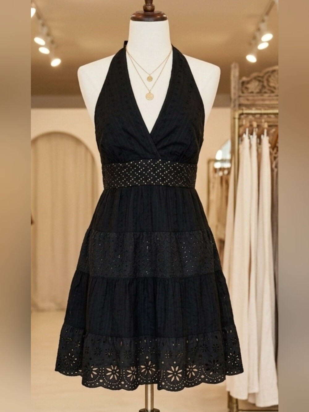 **BCBG Black Halter Eyelet Midi Dress with Studded Waistband Pit 20